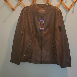 NWT Brown Faux Leather Zip Up Biker Jacket XXL
